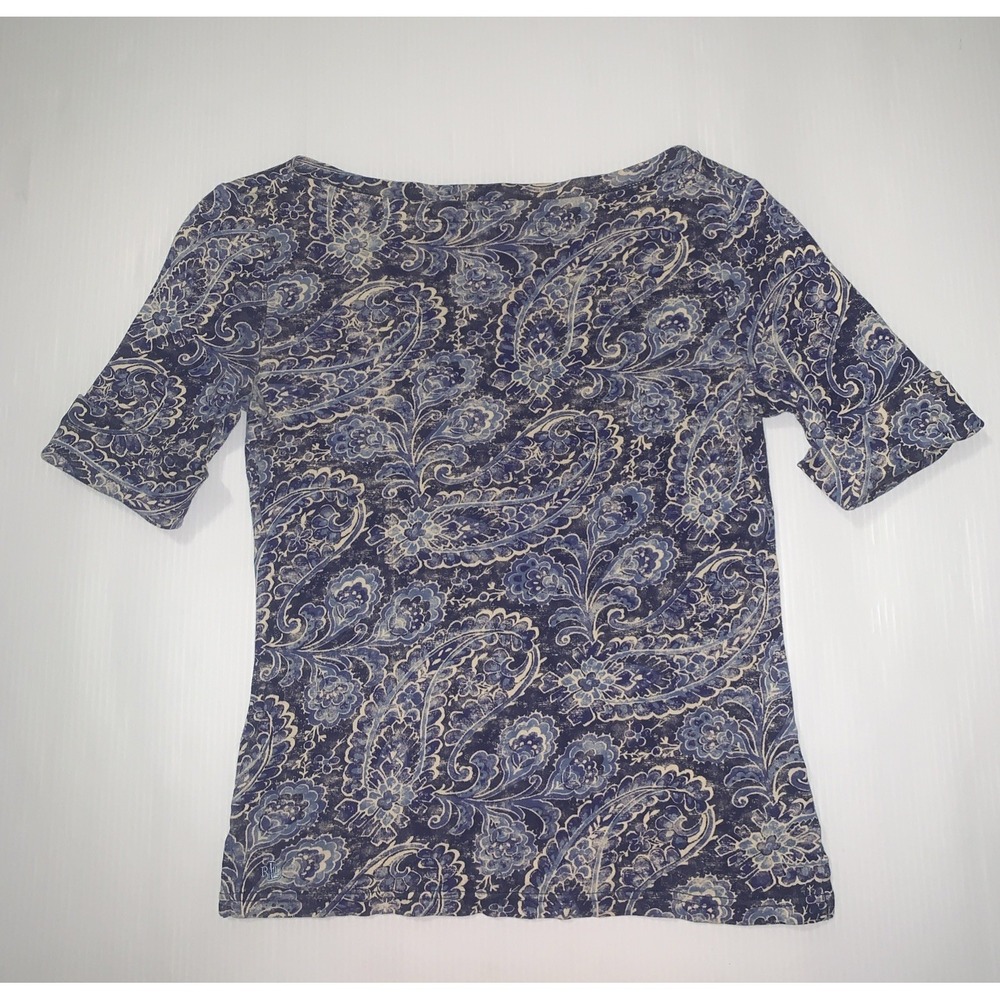 Lauren Ralph Blouse Top Womens XS Blue Paisley Boat Neck Cuffed Casual Classic